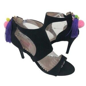 Betsey Johnson Ryan Heels Black Suede Pom Pom Stilettos Shoes NWOB Size 8.5